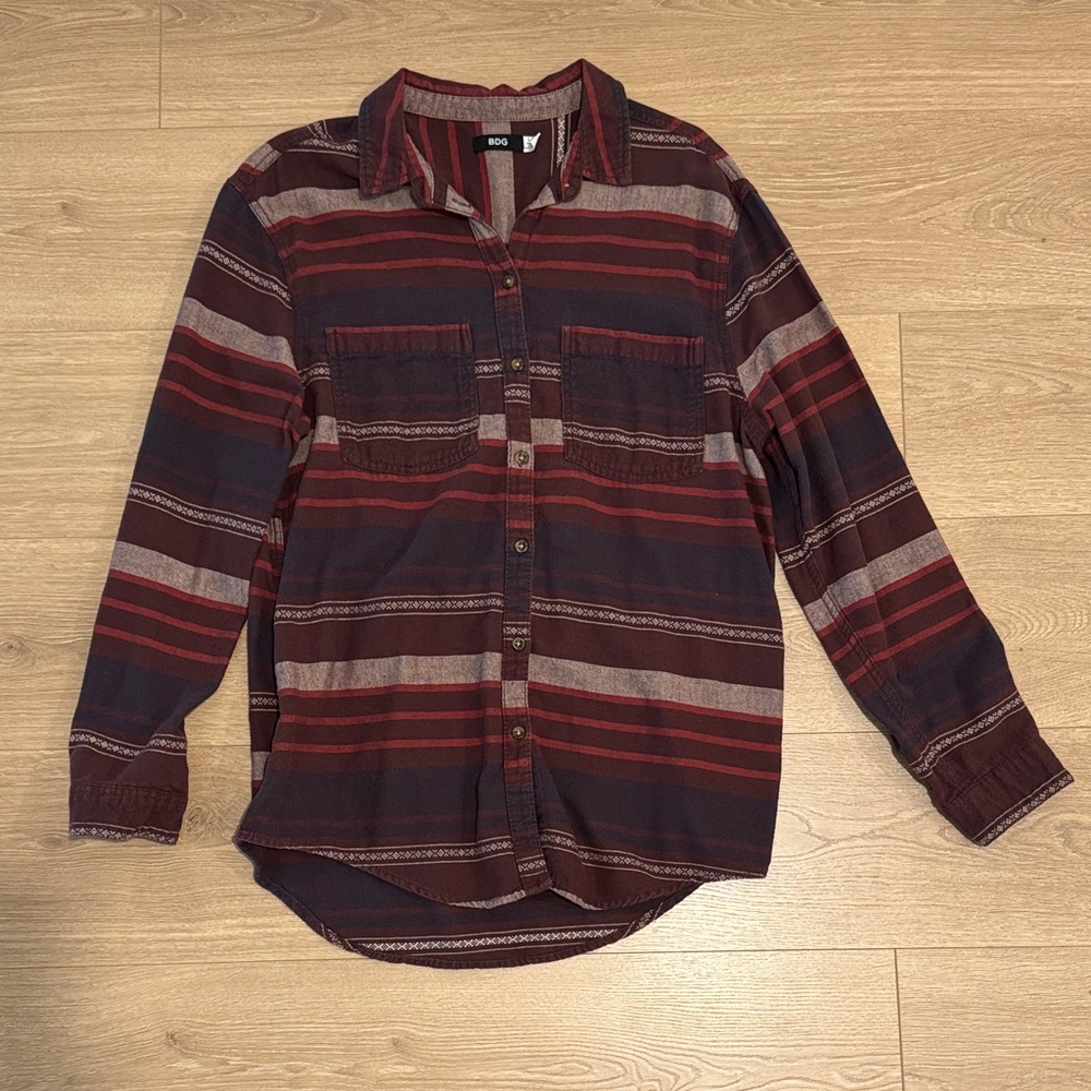Urban Outfitters BDG Women's Casual Striped Button down Shirt Red, Maroon, Black